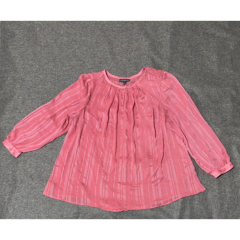 Lane Bryant Women's 18 Blouse Pink Metallic Stripe Pleated Long Sleeve Top